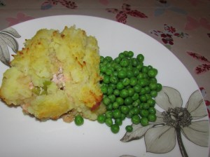 frugal fish pie and peas