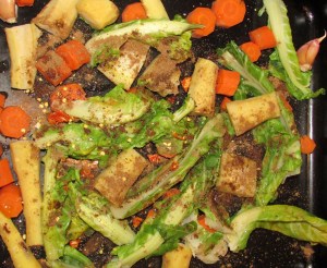 Roasting cauliflower leaves for soup